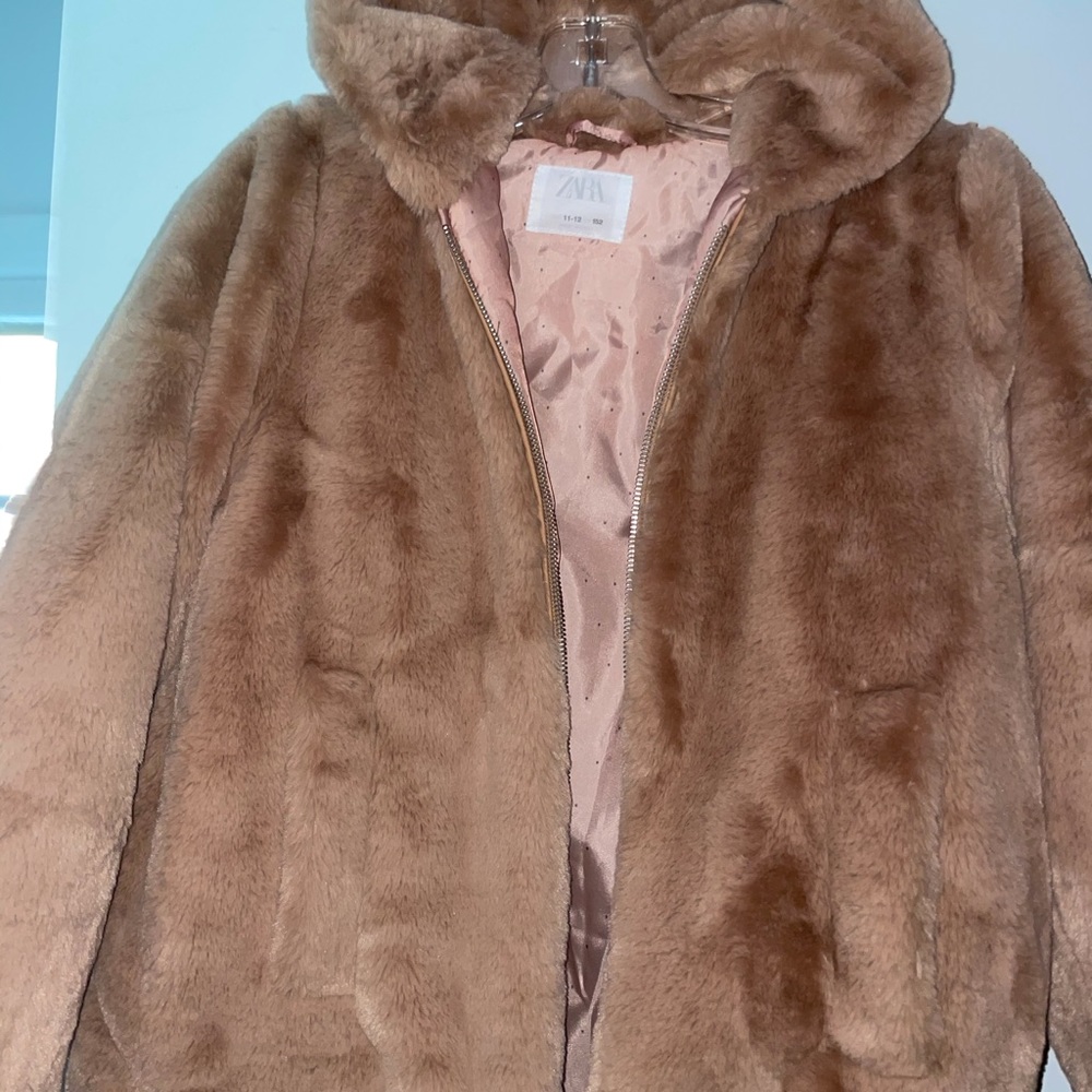 ZARA womens  Brown FAUX FUR JACKET long sleeves Medium